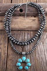 Boho Necklace, RH Antique Moon Metal  Turquoise Blue Flower