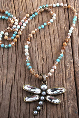 Boho Necklace, RH Crystal Dragonfly Blue Natural Stone