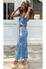 Boho Two Piece Set, Two Piece Skirt Set, Bubble Blue Sweet Daisy