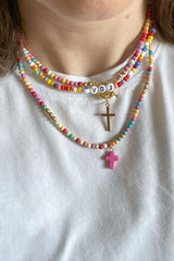 Boho Necklace, Seed Bead Layered Choker, Double Cross