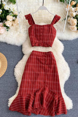 Vintage Two Piece Set, Boho Matching Crop Top and Midi Skirt, Red Plaid