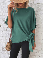 Women's Summer Solid Color Bat Wing Sleeve Hem Knot Loose T-shirt Tops Black Gray Blue Brown Green S M L XL