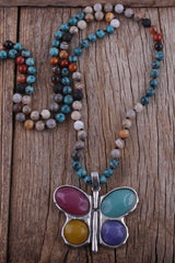 Boho Necklace, RH Crystal Butterfly Blue Natural Stone