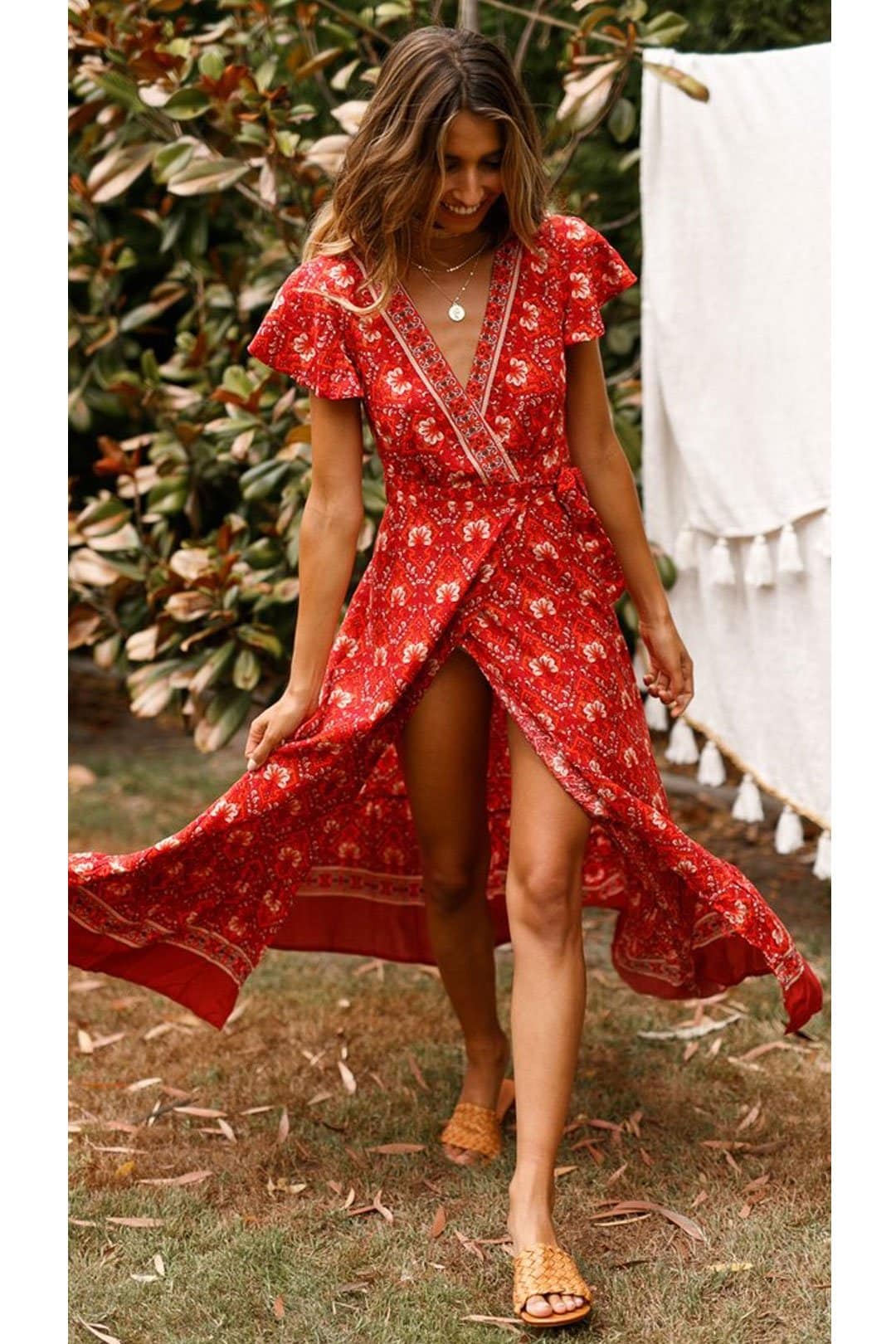 Boho Maxi Dress, Sundress, Wrap Dress, Red Ruby