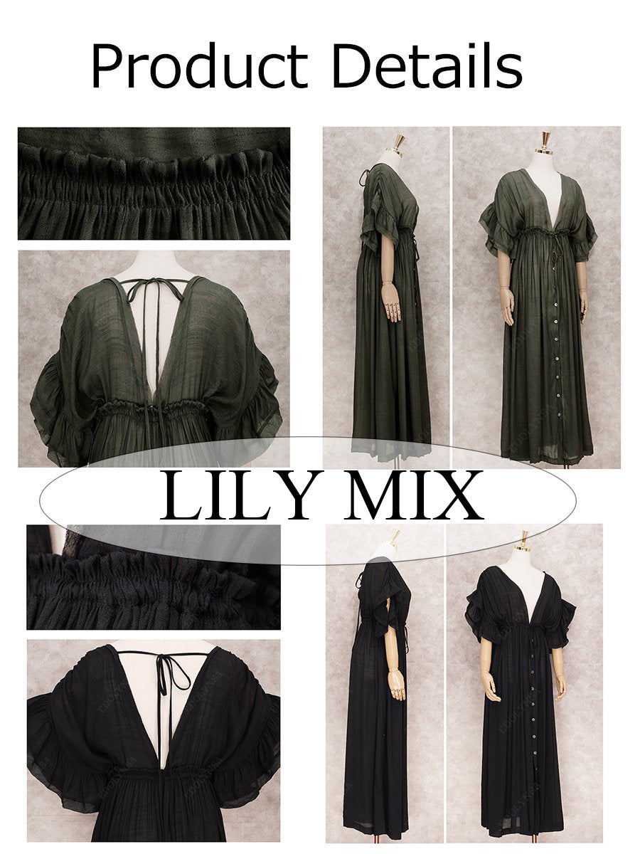 Deep V Neck Button Down Draw String Maxi Dress