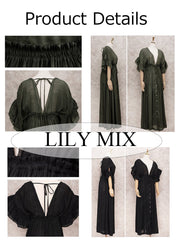 Deep V Neck Button Down Draw String Maxi Dress