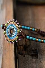 Boho Bracelet, Leather Wrap Bracelet, Weave Bracelet, Blue Amazonite Crystal