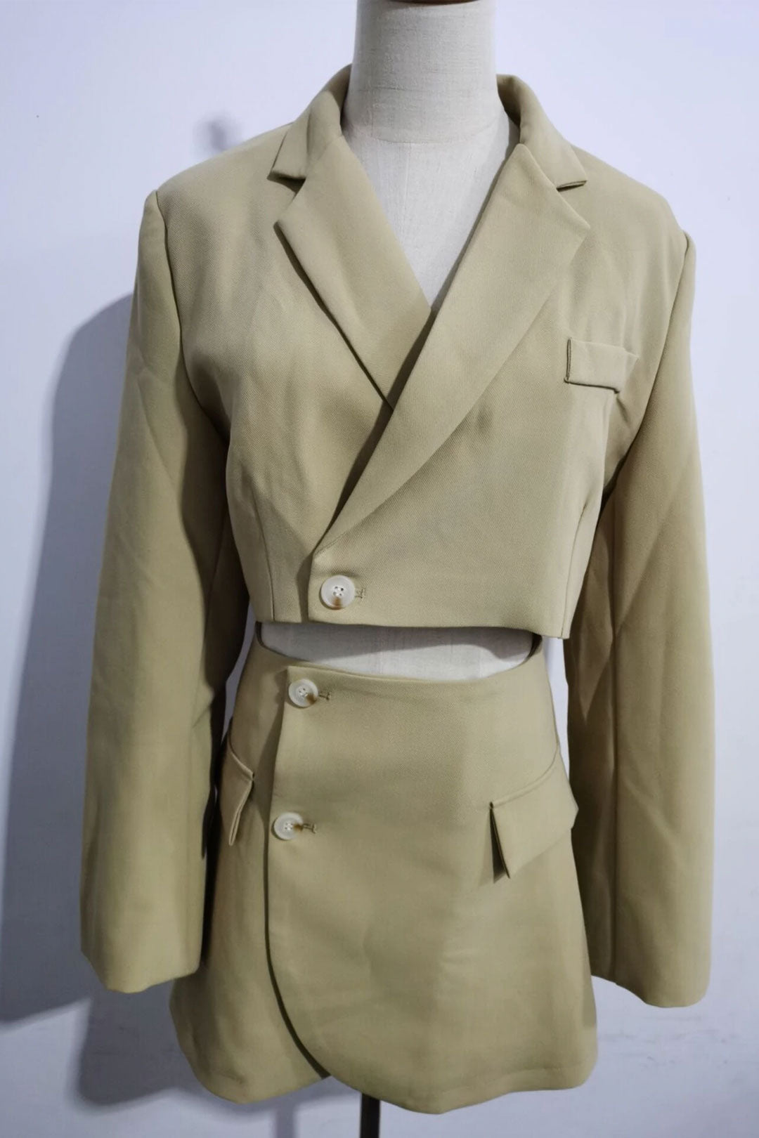 Vintage  Two Piece Set, Matching Crop Blazer and Mini Skirt, Charlotte in Fawn Beige and Green