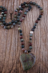 Boho Necklace, RH India Agated  Green Heart Natural Stone