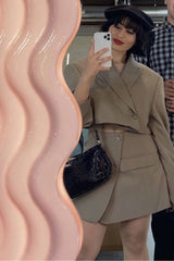 Vintage  Two Piece Set, Matching Crop Blazer and Mini Skirt, Charlotte in Fawn Beige and Green