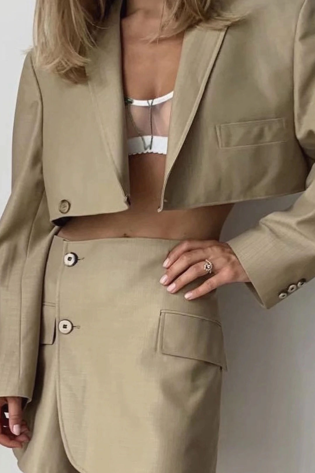Vintage  Two Piece Set, Matching Crop Blazer and Mini Skirt, Charlotte in Fawn Beige and Green