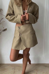 Vintage  Two Piece Set, Matching Crop Blazer and Mini Skirt, Charlotte in Fawn Beige and Green