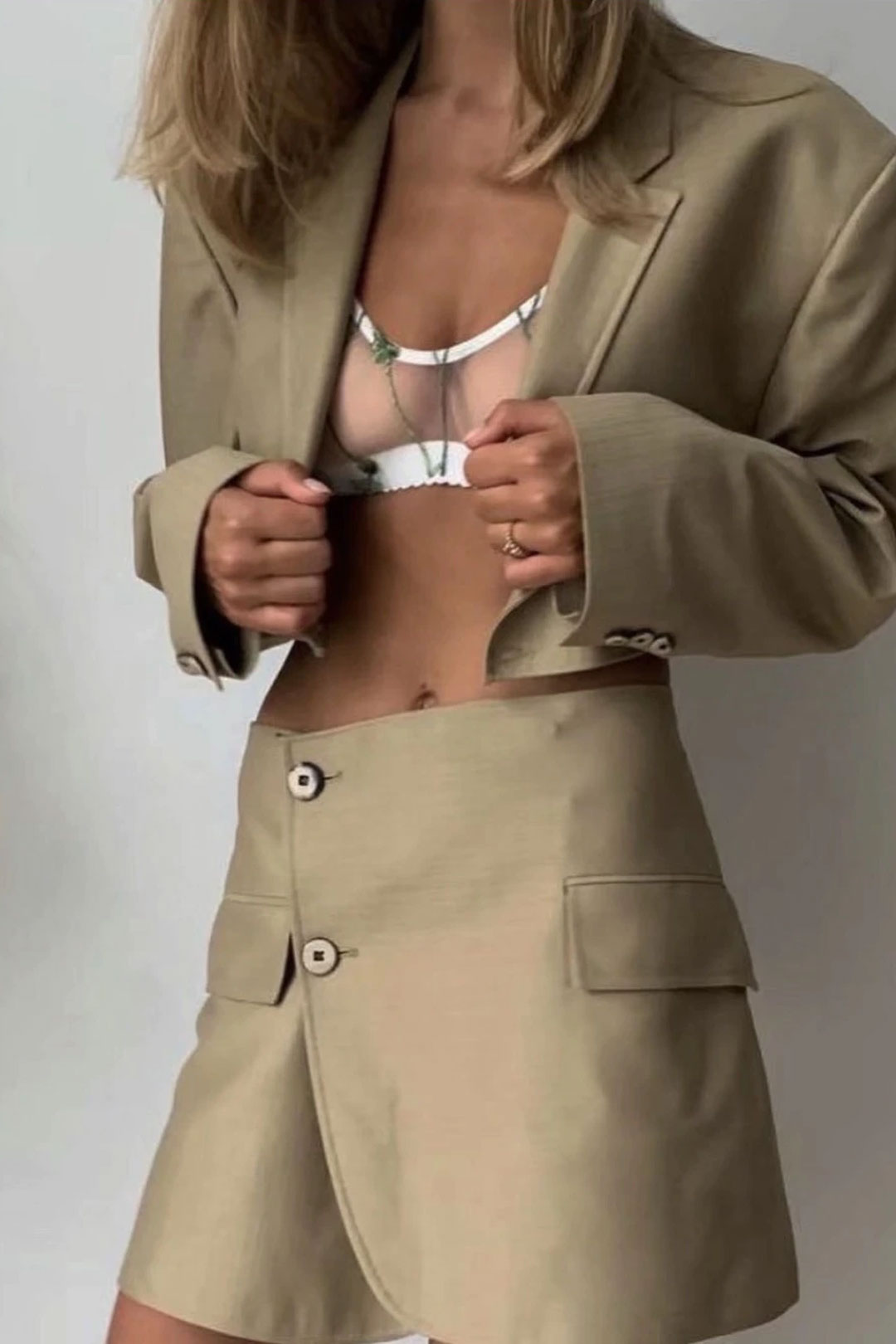 Vintage  Two Piece Set, Matching Crop Blazer and Mini Skirt, Charlotte in Fawn Beige and Green