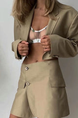 Vintage  Two Piece Set, Matching Crop Blazer and Mini Skirt, Charlotte in Fawn Beige and Green