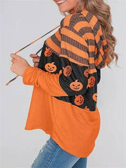 Pumpkin Print Color Block Splicing Drawstring Hoodies