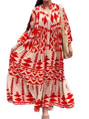 Explosive Long-sleeved Geometric Pattern Print Dress Ladies Loose Waist Stand Collar Pleats Wrinkled New Single-breasted Shirt Skirt Bohemian Dress