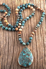 Boho Necklace, RH India Agated  Green Oval Natural Stone