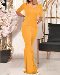 Solid Half Sleeve Round Neck Top & Flare Pants Set
