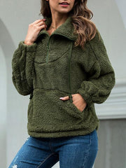 Solid Color Drawstring Zipper Up Plush Tops