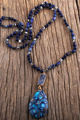 Boho Necklace, RH Agated Crystal Blue Oval Natural Stone