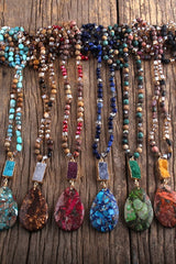 Boho Necklace, RH Agated Crystal Blue Oval Natural Stone