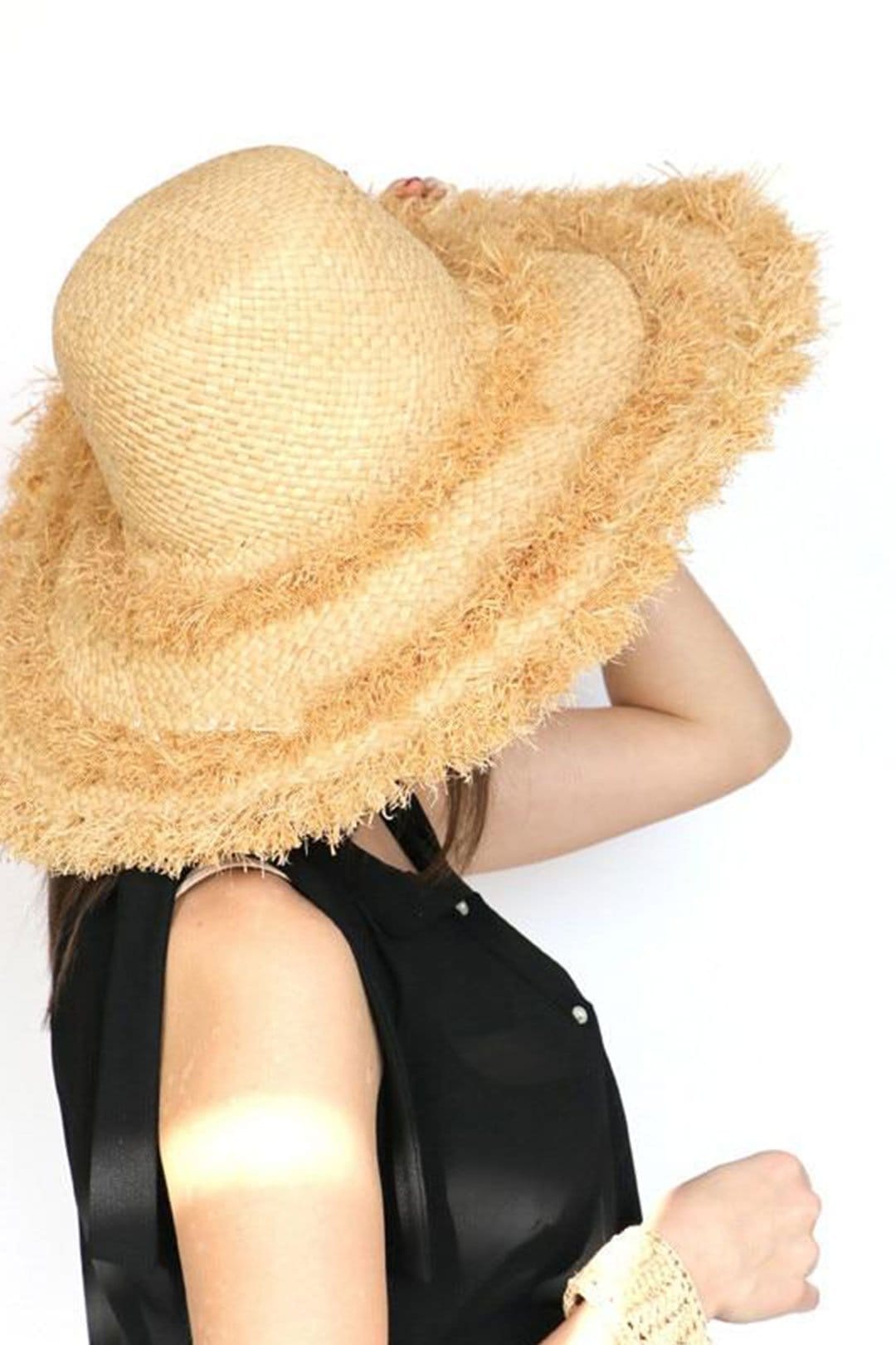 Boho Hat, Sun Hat, Beach Hat, Fringed Raffia Hat, Wide Brim Hat, 3 Layers