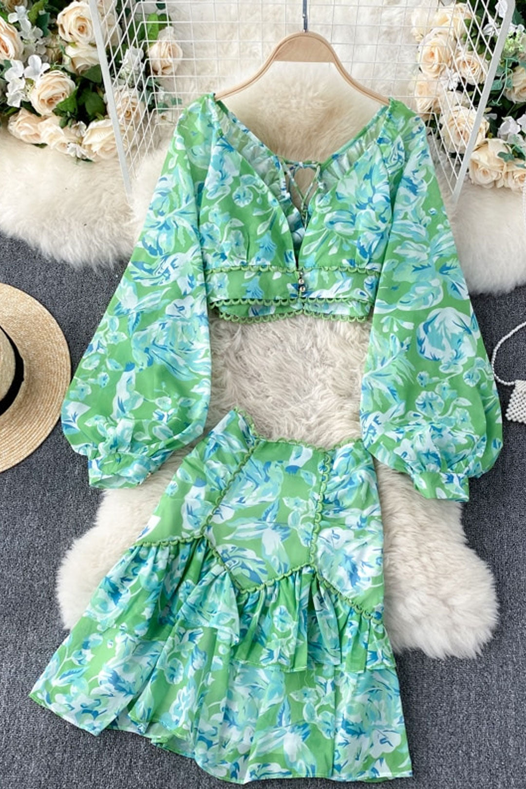 Vintage Two Piece Set, Boho Matching Two Piece Skirt Set, Alibaba in Green, Pink, Yellow