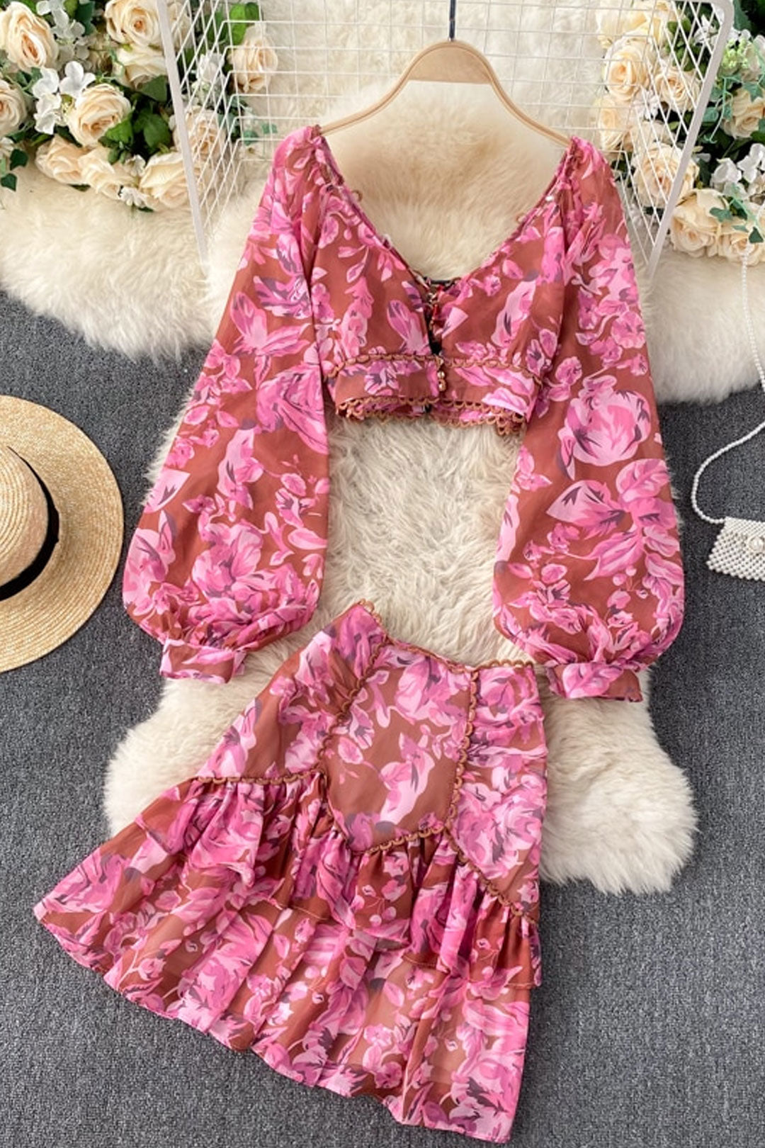 Vintage Two Piece Set, Boho Matching Two Piece Skirt Set, Alibaba in Green, Pink, Yellow
