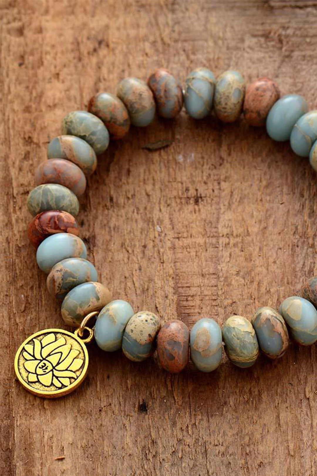 Boho Bracelet, Stretchy Bracelet, 10MM Brown Imperial Japser Lotus