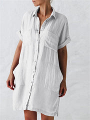 New Solid Color Cotton Linen Urban Casual Long Medium Sleeve Single-breasted Irregular Pocket Dress Shirt Dress S-5XL