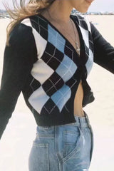 Boho Cardigan, Retro Knit Cardigan, Blue Check