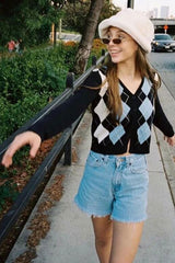 Boho Cardigan, Retro Knit Cardigan, Blue Check