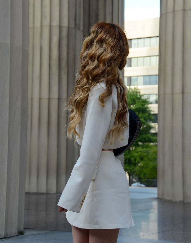 Vintage  Two Piece Set, Matching Crop Blazer and Mini Skirt, Charlotte in White Ivory