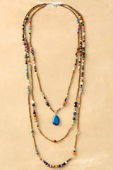 Boho Necklace, 3 Layers, White Natural Stone, Teardop Pendant