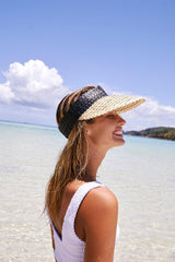 Boho Hat, Sun Hat, Beach Hat, Shade Visor Beige Straw Cap Black Ribbon