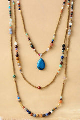 Boho Necklace, 3 Layers, White Natural Stone, Teardop Pendant