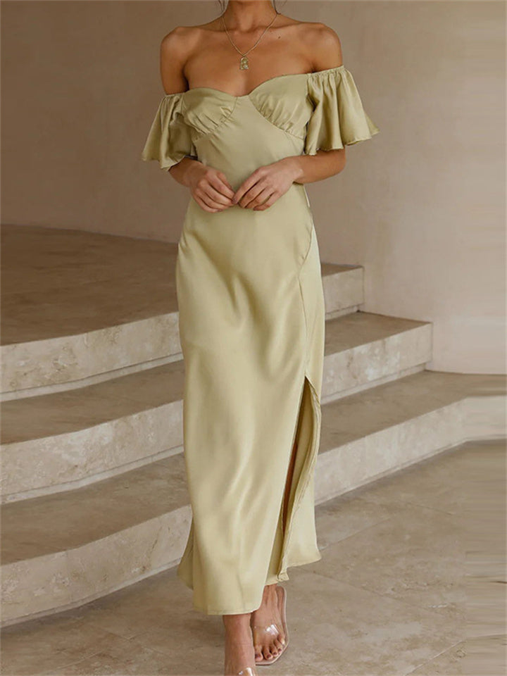 S-XL Summer Casual Women's Solid Color Satin Short Sleeve Sexy One Neck High Waist Pleated Medium Length Dress Temperament Commuter