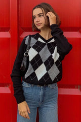 Boho Sweater, Retro Knit Cardigan, Blue Check