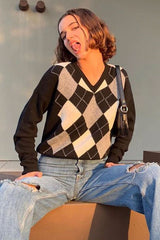 Boho Sweater, Retro Knit Cardigan, Blue Check