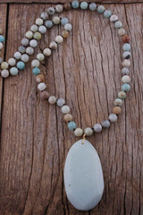 Boho Necklace, RH Rose Quart Amazonite, Oval Blue White Black Natural Stone