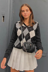 Boho Sweater, Retro Knit Cardigan, Blue Check