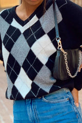 Boho Sweater, Retro Knit Cardigan, Blue Check