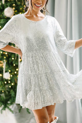 Silvery Party Sequin Half Sleeve Round Neck Mini Dress