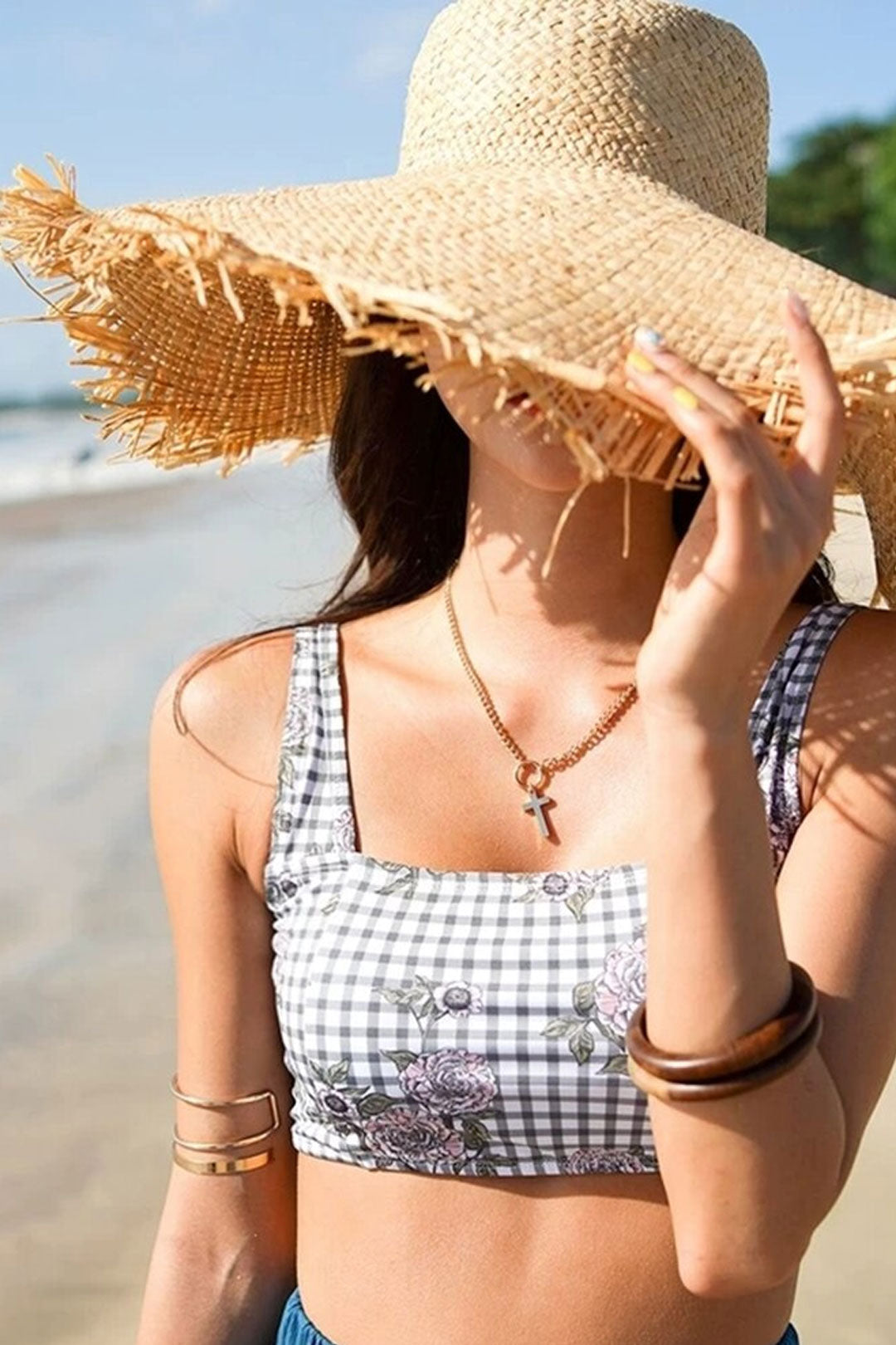 Boho Hat, Sun Beach Hat, Fringed Wide Brim Straw Hat, Fleur in Beige