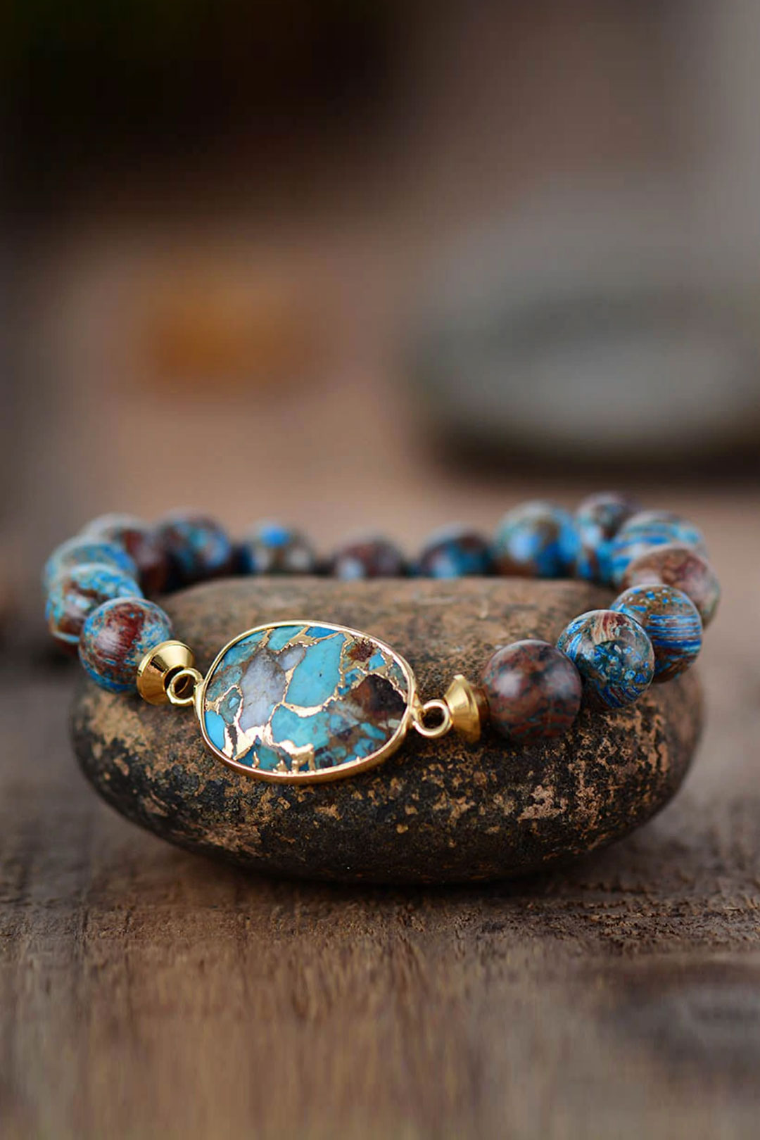 Boho Bracelet, Stretchy Bracelet, Brown Blue 10mm Bronzite Stone Tibetan