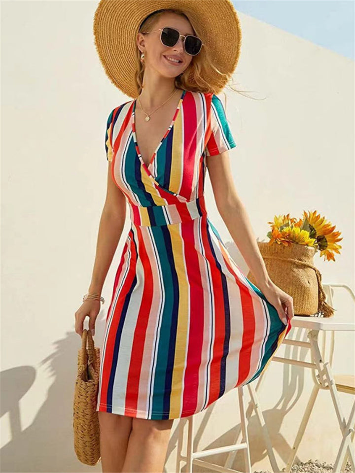 Women's Dresses Short-sleeved V-neck Print Bohemian Mid-length Dress Casual Short-sleeved Dresses