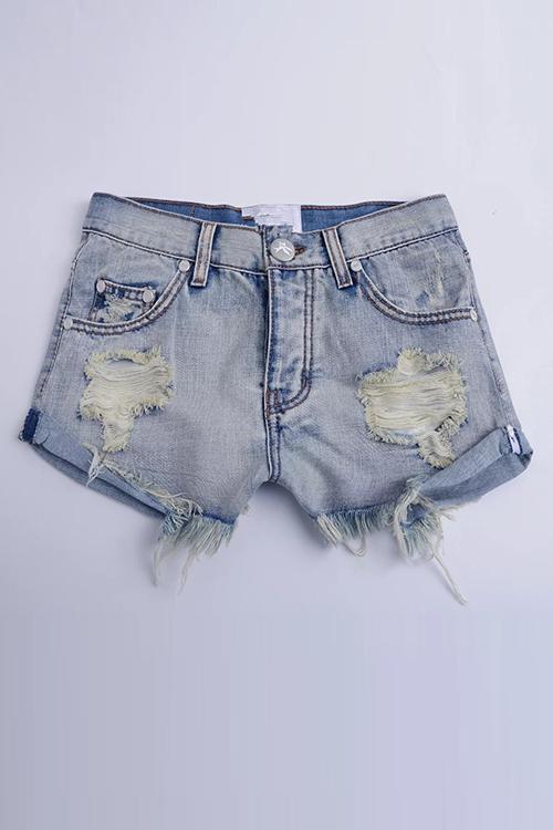 Ripped Button Denim Shorts