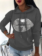Sequin Lips Print Hooded Sweatshirt