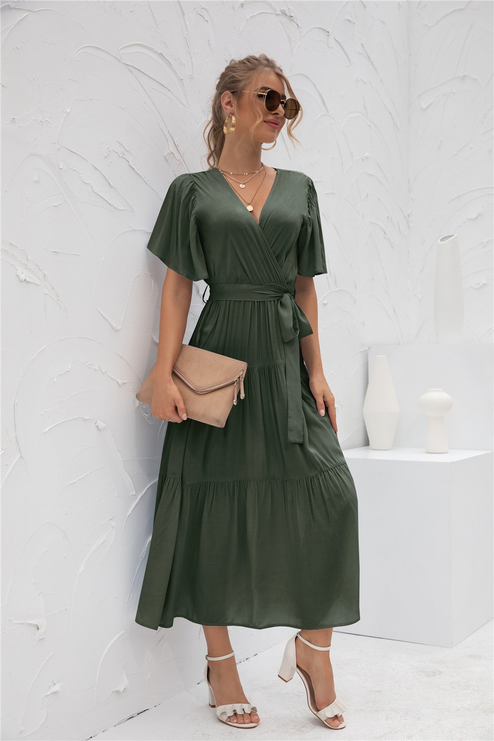 Short Sleeve V Neck Flowy Waist Wrap Maxi Dress