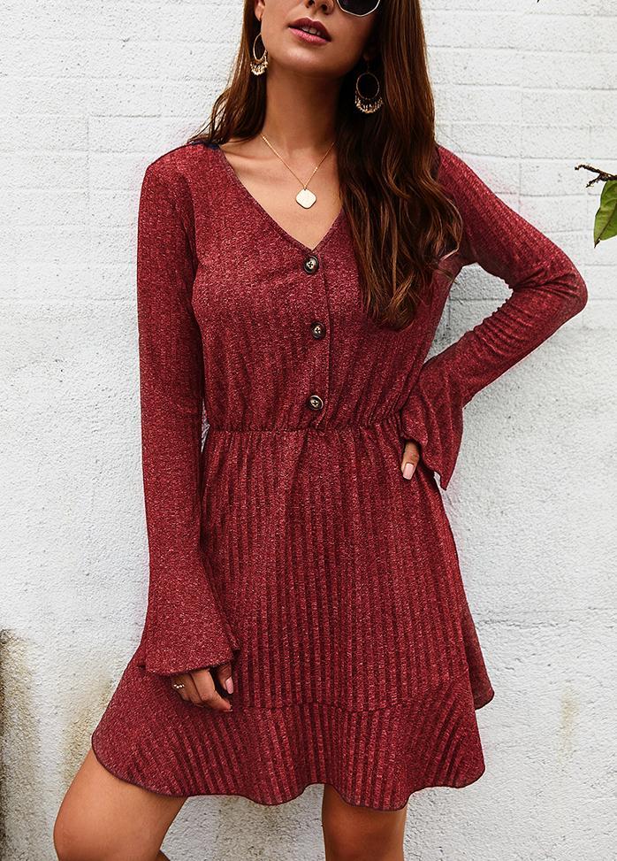 High Waist Solid Color V Neck Dress